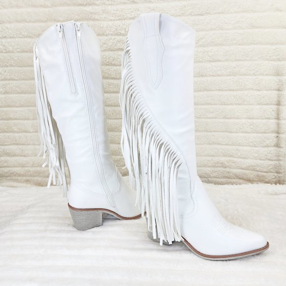 Pierre Dumas Shoes - Wild One White Fringe Cowboy Cowgirl Boots Plus Plus size Friendly